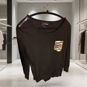 The Kooples Black merino wool sweater with Zebra Print lambskin chest Pocket